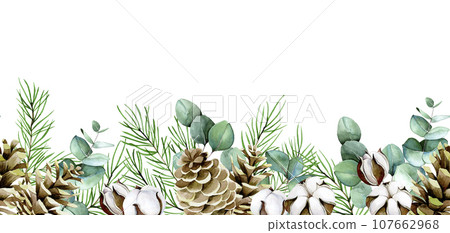 watercolor seamless border on the theme of winter, christmas, new year. eucalyptus leaves, cotton flowers, fir branches and cones. vintage boho print 107662968