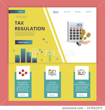 Tax regulation flat landing page website template. Blockchain technology, bitcoin technology, personal data protection. Web banner with header, content and footer. Vector illustration. 107662973