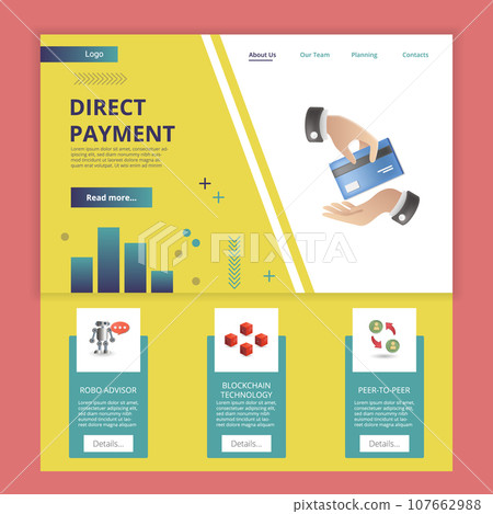 Direct payment flat landing page website template. Robo advisor, blockchain technology, peer-to-peer. Web banner with header, content and footer. Vector illustration. Direct payment flat landing page website template. Robo advisor, blockchain technology, peer-to-peer. Web banner with header, content and footer. Vector illustration. 107662988