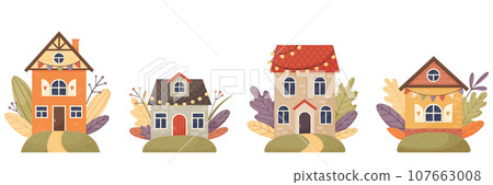 Set of fairytale houses surrounded by autumn leaves and plants. 107663008