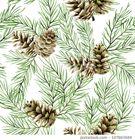 watercolor seamless pattern with fir branches and cones, Christmas trees isolated on white background. New Year's, Christmas print. 107663084