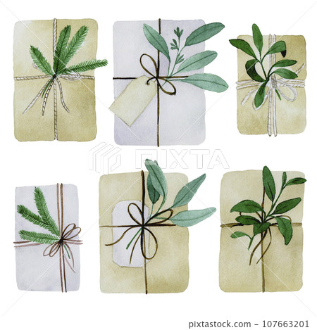 watercolor set with Christmas gifts in boho style, natural materials. clipart for christmas, new year, gifts in craft paper packaging with spruce branches and eucalyptus leaves watercolor set with Christmas gifts in boho style, natural materials. clipart for christmas, new year, gifts in craft paper packaging with spruce branches and eucalyptus leaves 107663201