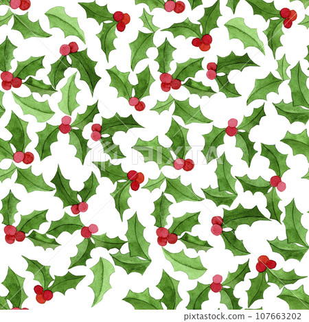 watercolor seamless pattern with holly on a white background. simple christmas new year print with red berries and green leaves. 107663202