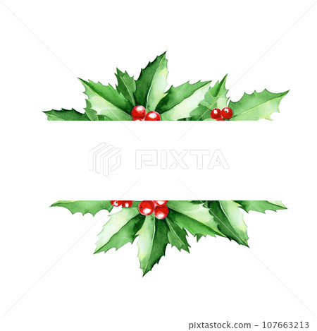 watercolor frame, border with holly leaves and berries. green leaves of holly on a white background. christmas card, decoration for the holidays new year, christmas 107663213