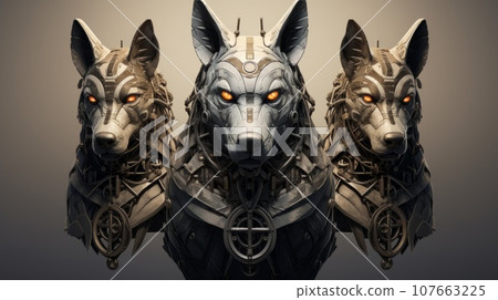 3D render of Cerber, hound of Hades, guardian of the underworld. A scary fierce beast dog with three heads. A frightening dog, Cerberus, Guardian of hell. 107663225