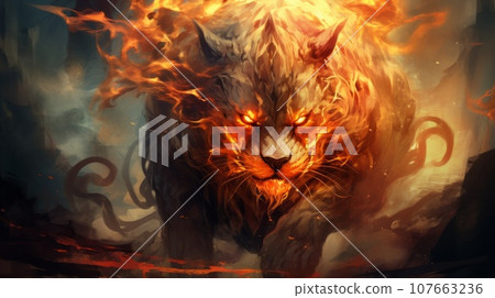 Echidna an ancient fire breathing lion, monster causes chaos and destruction. Illustration of a deadly monster. Fantasy art of a mythological Greek demon, Echidna. 107663236