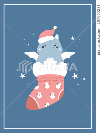 Christmas holiday illustration with adorable dragon in a santa hat sitting in a sock Christmas holiday illustration with adorable dragon in a santa hat sitting in a sock 107663281