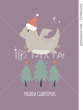 Christmas holiday illustration with adorable dragon in a santa hat Christmas holiday illustration with adorable dragon in a santa hat 107663282