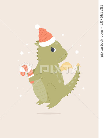 Christmas holiday illustration with adorable dragon in a santa hat 107663283