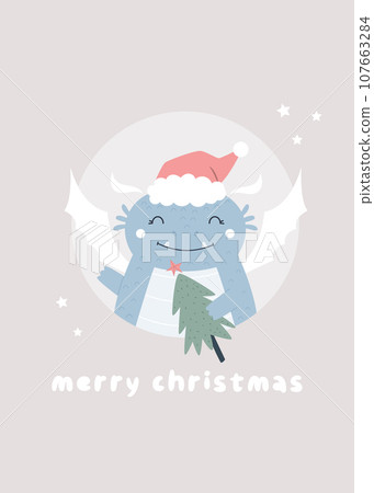 Christmas holiday illustration with adorable dragon holding a seasonal tree Christmas holiday illustration with adorable dragon holding a seasonal tree 107663284