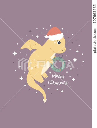 Christmas holiday illustration with adorable dragon in a santa hat Christmas holiday illustration with adorable dragon in a santa hat 107663285