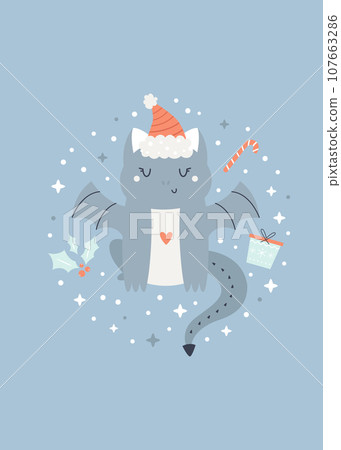 Christmas holiday illustration with adorable dragon in a santa hat 107663286