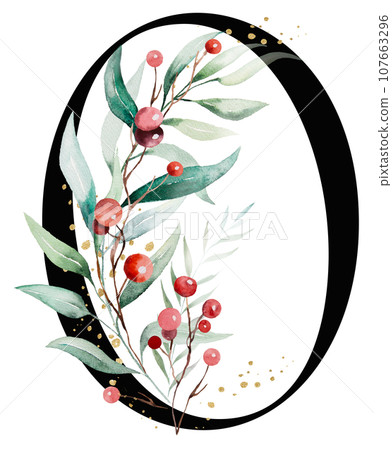 Black number 0 with watercolor twigs with green leaves and red berries, Christmas isolated Illustration Black number 0 with watercolor twigs with green leaves and red berries, Christmas isolated Illustration 107663296