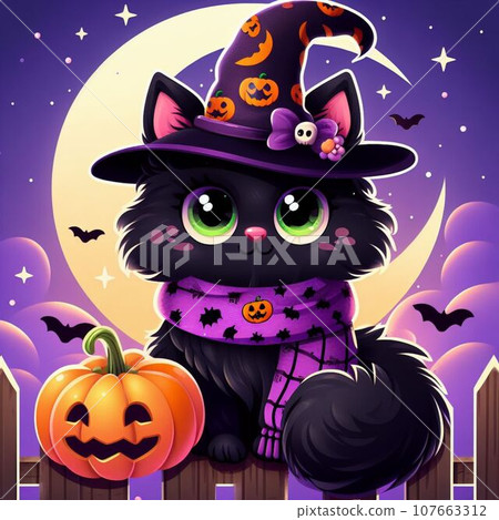 Cute cat in witch hat on the moon. Vector illustration. 107663312