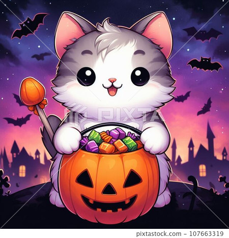 Cute cat in witch hat on the moon. Vector illustration. Cute cat in witch hat on the moon. Vector illustration. 107663319