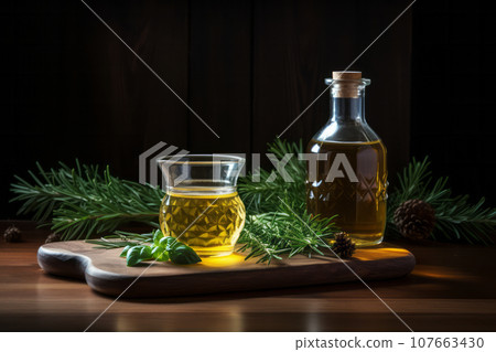 Glass bottle with spruce oil and fir branches standing on wooden table on rustic dark background. Generative AI 107663430