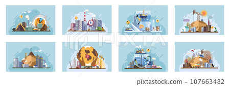 Industrial pollution. Dirty waste. Environmental pollution. Vector illustration. Industrial pollution is leading to air, water, and soil contamination Factory emitting smoke is common sight 107663482