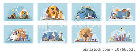 Industrial pollution. Dirty waste. Environmental pollution. Vector illustration. Industrial pollution is ticking time bomb Dirty water diseases are on rise Smokes with smog are affecting visibility on Industrial pollution. Dirty waste. Environmental pollution. Vector illustration. Industrial pollution is ticking time bomb Dirty water diseases are on rise Smokes with smog are affecting visibility on 107663525