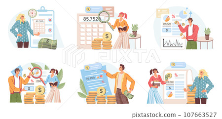 People analysis budget. Calculate financial plan of save income and expense management. Set of employees analyzing business budget. Married couple plans monthly spending. Teamwork money management 107663527