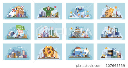 Industrial pollution. Dirty waste. Environmental pollution. Vector illustration. Factory emitting smoke is affecting health nearby residents Toxic waste chemicals are poisoning our soil Industrial 107663539