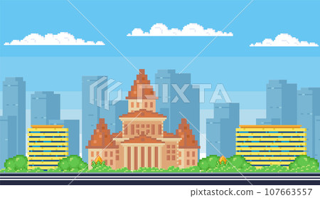 City street with houses and greenery church or government building. Pixelated landscape with nature and architecture. Residential building in pixel art style. Constructions of different height in town City street with houses and greenery church or government building. Pixelated landscape with nature and architecture. Residential building in pixel art style. Constructions of different height in town 107663557