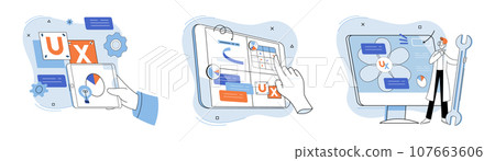 User experience design. Vector illustration. Designing software, journey of creating user interface that delights User interface, bridge connecting users with software UX UI design User experience design. Vector illustration. Designing software, journey of creating user interface that delights User interface, bridge connecting users with software UX UI design 107663606