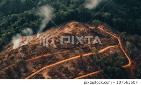 Aerial shot of deforestation. Logs of cut wood in the middle of the forest. Wood contraband. Drone footage of farmers cutting wood. bad for the environment. Deforestation. 107663607