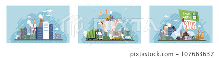 Industrial pollution. Dirty waste. Environmental pollution. Vector illustration. Smokes with smog are causing respiratory problems in population Trash emission has reached all-time high in recent 107663637