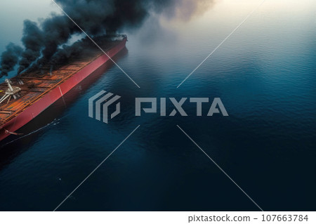Ecological disaster, oil spill in ocean near tanker, top view. Commercial delivery. AI generated. 107663784