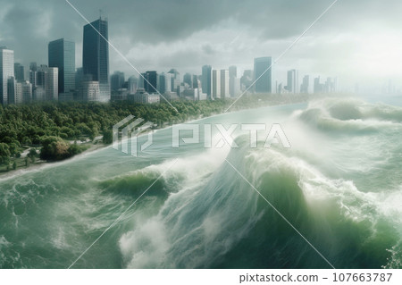 Destructive oceanic tsunami, high-rise buildings background. Natural water disaster. AI generated. 107663787