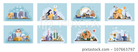 Industrial pollution. Dirty waste. Environmental pollution. Vector illustration. Air, water, and soil pollution by industrial production is most pressing issue our time Factory emitting smoke needs to 107663797