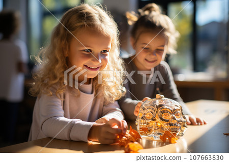 Halloween is a children's fun traditional holiday. Children carve a pumpkin with fire. 107663830