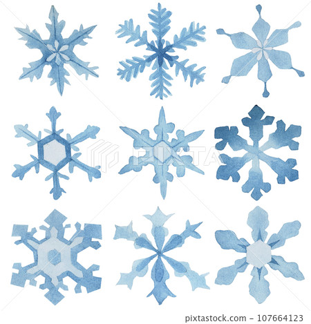 watercolor drawing set of snowflakes. isolated on white background abstract snowflakes of blue color. christmas, new year, winter 107664123