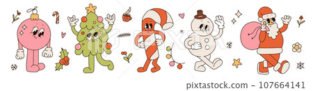 Groovy hippie Christmas retro cartoon characters set. Ball, Santa Claus, Christmas tree, candy cane, snowman in trendy 70s vintage style. Toon mascots and elements. Contour vector illustration. 107664141