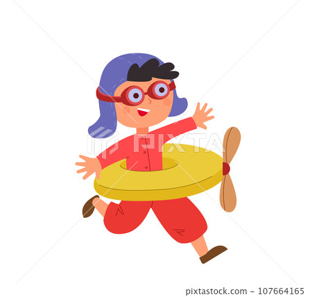 Happy boy playing in pilot costume wearing a helmet and aviator glasses. A child flies a handmade airplane from swimming ring 107664165
