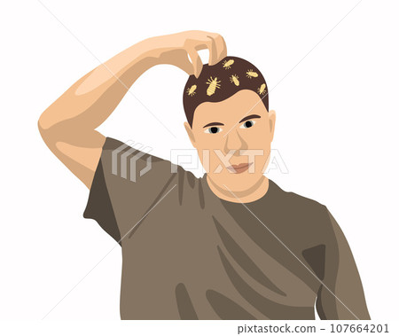 Vector isolated illustration of boy scratching from lice bite. The problem of pediculosis. Vector isolated illustration of boy scratching from lice bite. The problem of pediculosis. 107664201