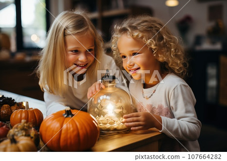 Halloween is a children's fun traditional holiday. Children carve a pumpkin with fire. 107664282