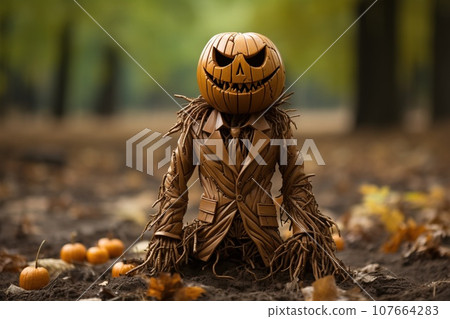 Halloween is a fun traditional holiday. Pumpkin monster, dark background and candles. 107664283