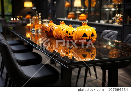 Halloween is a fun traditional holiday. Interior design with pumpkin in orange colors. 107664284