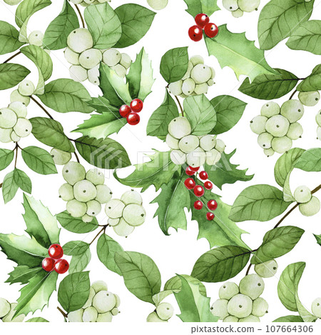 seamless watercolor pattern with snow berry and holly. leaves, branches and berries of the plant snow berry, holly isolated on white background. print on the theme of christmas, winter, new year. seamless watercolor pattern with snow berry and holly. leaves, branches and berries of the plant snow berry, holly isolated on white background. print on the theme of christmas, winter, new year. 107664306