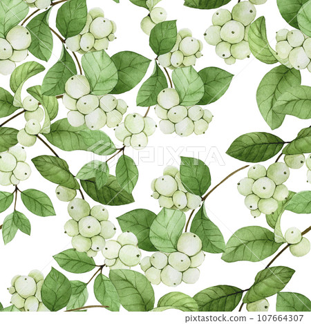 seamless watercolor pattern with snow berry. leaves, branches and berries of a plant snow berry isolated on white background. print on the theme of christmas, winter, new year. realistic plants 107664307
