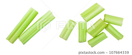 fresh celery isolated on white background.Top view. Flat lay fresh celery isolated on white background.Top view. Flat lay 107664339