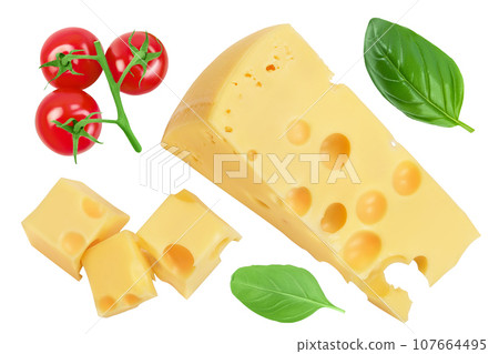piece of cheese isolated on white background . Top view. Flat lay 107664495