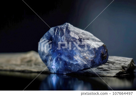 Benitoite is a rare precious natural stone on a black background. AI generated. Header banner mockup with space. 107664497