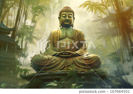 Hindu ancient religious buddha statue in dense tropical forest jungle. Hindu ancient religious buddha statue in dense tropical forest jungle. 107664501