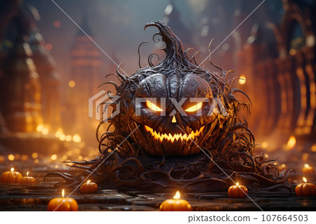 Fire pumpkin on a festive night fairy street, traditional religious symbol. Fire pumpkin on a festive night fairy street, traditional religious symbol. 107664503