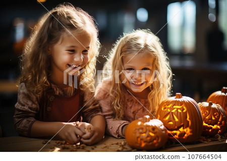 Halloween is a children's fun traditional holiday. Children carve a pumpkin with fire. Halloween is a children's fun traditional holiday. Children carve a pumpkin with fire. 107664504