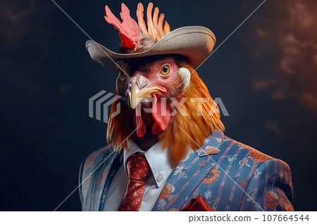 Rooster gentleman in a suit, tie, hat and glasses on a black background. AI generated. 107664544