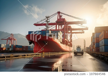 Cargo tanker in the port for unloading, loading. Export import of goods. Commercial delivery. AI generated. 107664546