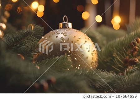 Christmas New Year's ball on a winter Christmas tree branch, family holiday. Christmas New Year's ball on a winter Christmas tree branch, family holiday. 107664659